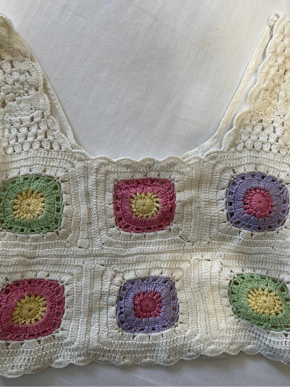 Crochet Square Panel Crop Top - Cream with Pink, Green & Purple Accents